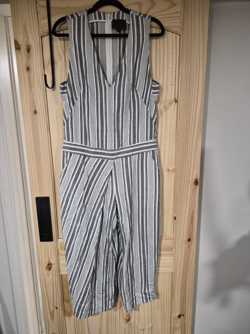 INTERMIX Striped Sleeveless Jumpsuit in White and Gray